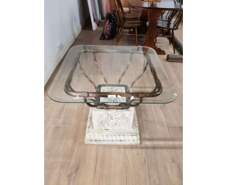 GLASS TOPPED LAMP TABLE WITH STONE EFFECT BASE WITH FRUIT DECORATION