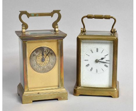 A Brass Striking Carriage Clock, circa 1890, 14cm high over handle, twin barrel movement with a cylinder platform escapement,