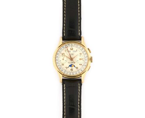 Malaz: A Plated Triple Calendar Chronograph Wristwatch with Moonphase Display, signed Malaz, Geneve, circa 1960, manual wound