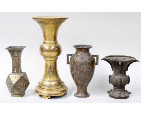 Chinese Gilt Bronze Gu Shaped Vase on Scroll Feet; together with a Japanese mixed metal vase and two others