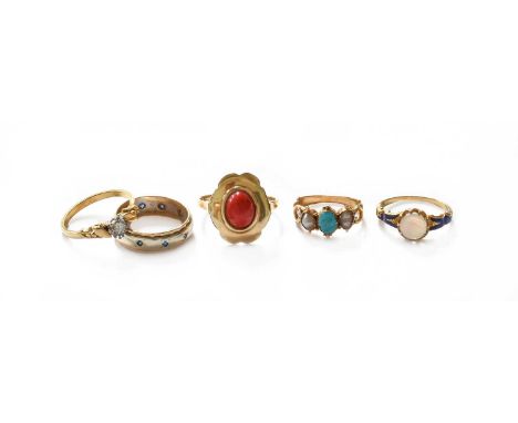 An 18 Carat Gold Diamond Solitaire Ring, finger size N; A Coral Ring, stamped '585', finger size P; A Turquoise and Split Pea