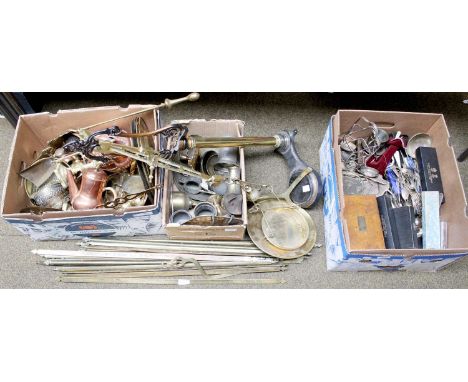 A Collection of 19th Century and Later Metalwares, silver plate, brass, copper and pewter, including flatware, stair rods etc