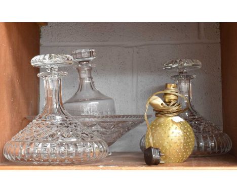 A Murano Glass Table Lamp, of globular form, gold ground and with bubble inclusions, a Stuart crystal bowl, two ships decante