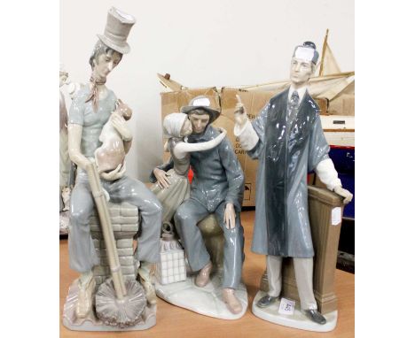 Three Lladro Figures, chimney sweep and cat, barrister and fisherman and daughter (3)