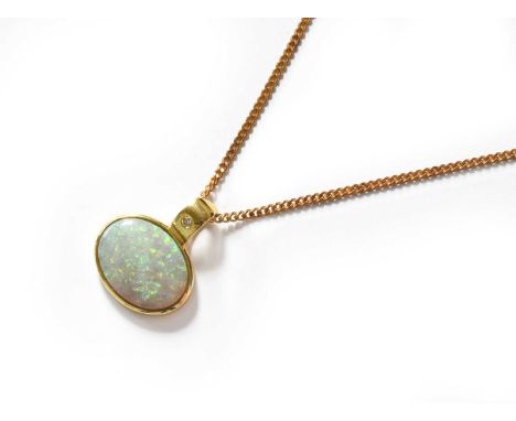 An Opal and Diamond Pendant on Chain, pendant length 2.1cm, chain length 45.8cmThe pendant is in good condition. It appears t