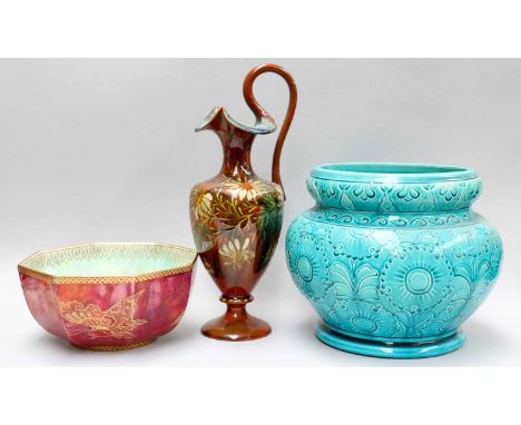A Wedgwood Butterfly Lustre Octagonal Bowl, by Daisey Makeig-Jones, together with a Burmantofts turquoise glazed planter and 