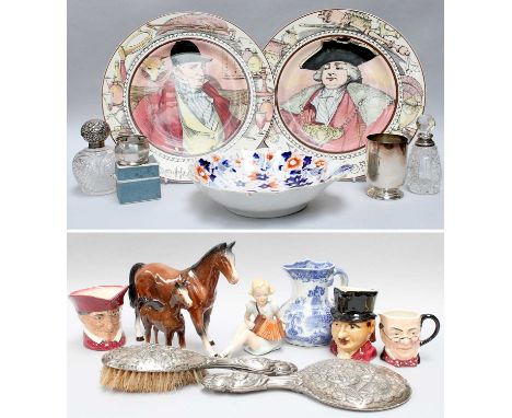 Assorted Decorative Silver and Ceramics, including: brush and mirror set, scent bottles, napkin ring, plated christening cup,