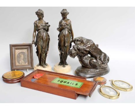 A Pair of 19th century Patinated Bronze Figures, on marble plinths, together with a simiular spelter group of two wold cats (