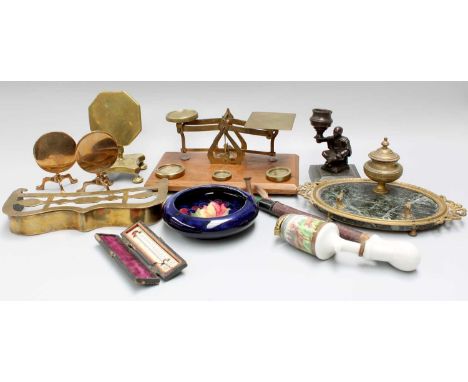 Three miniature Brass Tilt Top Tables and Fender, set of postal scales, Moorcroft dish, inkstand, etc