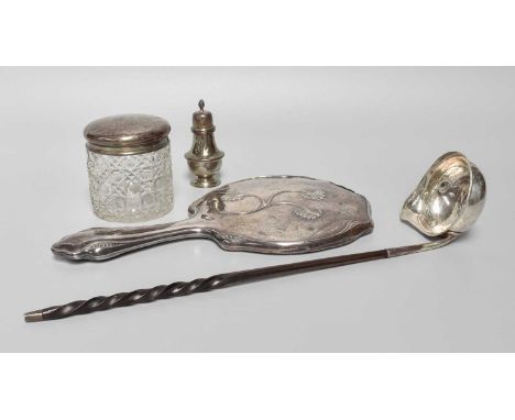 A Collection of Assorted Silver, comprising a hand-mirror with mother-of-pearl inlay; a silver-mounted cut-glass dressing-tab