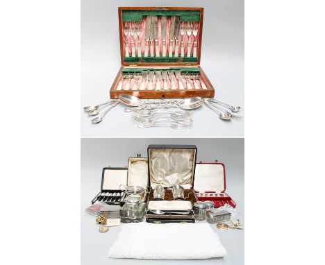 A Collection of Assorted Silver and Silver Plate, the silver including a cased bowl and spoon; an inkwell; dressing-table jar