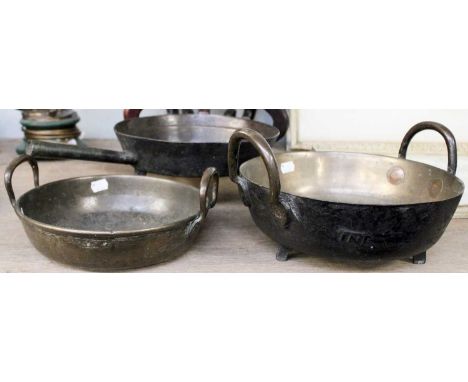 An 18th Century Skillet and Two Similar Bronze Twin Handled Cooking Vessels