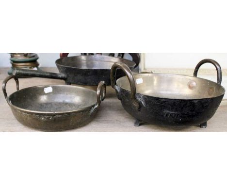 An 18th Century Skillet and Two Similar Bronze Twin Handled Cooking Vessels