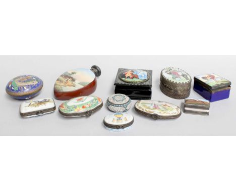 Assorted Porcelain Enamel and Other Snuffboxes, including a Samson enamel box painted with a cockerel, two porcelain examples