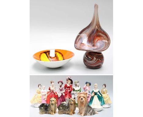 Royal Doulton Figures, including Patricia HN3365, Poole pottery dish, Beswick terrier, etc (two trays)