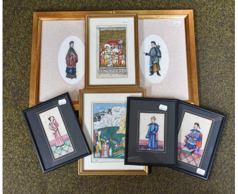Five Chinese Gouache Paintings on Pith Paper, early 19th century, painted with figures; together with two persian manuscript 