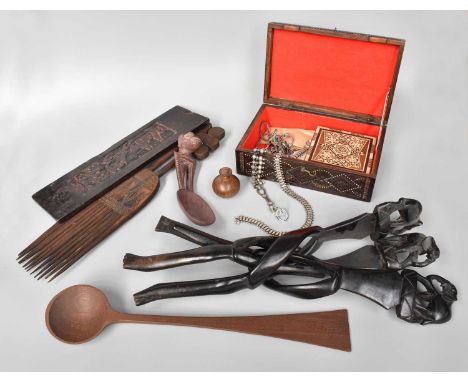 African Hardwood and other Tribal Items, including a comb, two spoons, a box and cover with polychrome inset beads and a far 