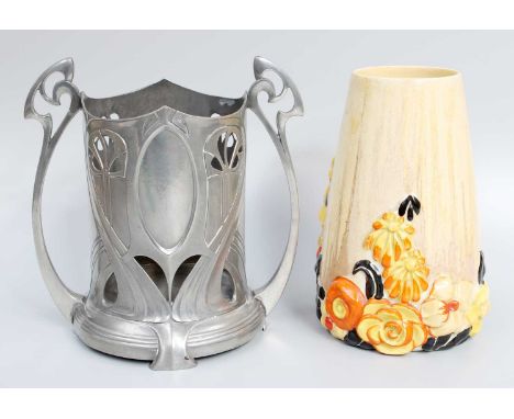 An Early 20th Century WMF Pewter Vase, together with a Clarice Cliff Bizzare ware vase