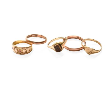 A 15 Carat Gold Ruby and Split Pearl Ring, finger size K; A 9 Carat Gold Tigers-Eye Signet Ring, band cut; Two 9 Carat Gold B