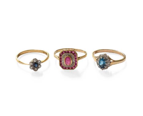 A Sapphire and Diamond Cluster Ring, stamped '18CT', finger size R1/2; A 9 Carat Gold Synthetic Ruby and Diamond Cluster Ring