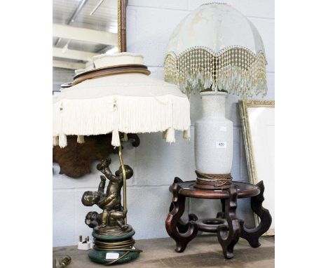 A Chinese Rouleau Crackle Glazed Vase, converted to a tablelamp, together with a Chinese hardwood stand and another bronze ef