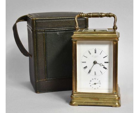 A Brass Strike and Repeat Alarm Carriage Clock, retailed by John Walker, 236 Regent St, London, circa 1890, twin barrel movem