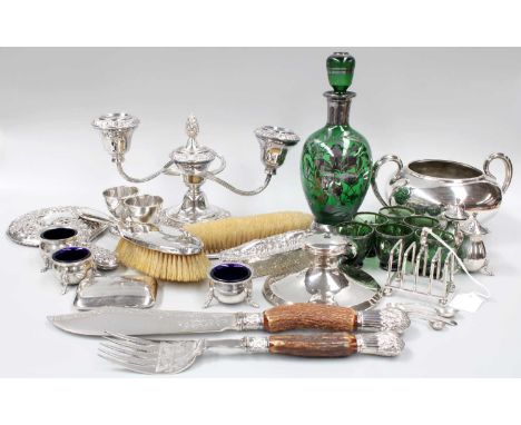 A Collection of Assorted Silver and Silver Plate, the silver including dressing-table items; condiment items; a capstan inkwe