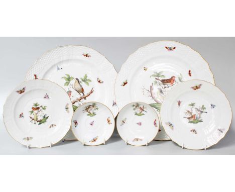 Herend Porcelain in the Rothschild Bird Pattern, two plates, two side plates and two small saucersPlates 27.5cm wide, slight 