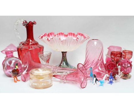 A Collection of Victorian and Later Cranberry Glass etc, including a pair of bud vases on silver plated stands, a satin glass