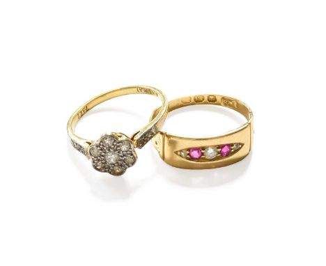 An 18 Carat Gold Ruby and Diamond Five Stone Ring, finger size M1/2; and A Diamond Cluster Ring, stamped '18CT FINE PLAT', fi