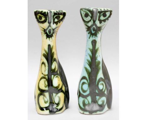 A Pair of Newlyn Pottery Models of Cats, one in blue glazes the other in yellow, label for Celtic pottery, 19cm high (2)