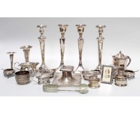 A Collection of Assorted Silver and Silver Plate, comprising two pairs of candlesticks; an inkwell; a silver plate mustard-po