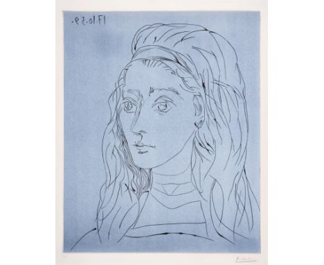Pablo Picasso (1881-1973)Portrait de Jacqueline (Baer 1245; Bloch 923)Linocut printed in cream on black, 1959, signed in penc