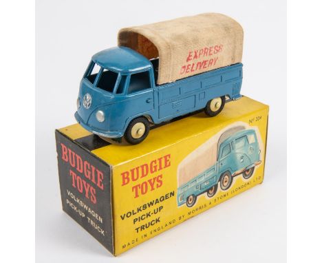 A Budgie Toys Volkswagen Pick-Up Truck (204). In light blue, with cream base and wheels. 'Express Delivery' to canvas tilt. B