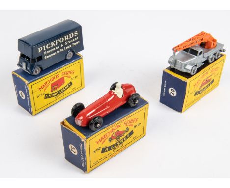 3 Matchbox Series. No30 Magirus-Deutz Crane Truck, in metallic silver with orange crane, plastic hook and SPW. No46 Pickford'
