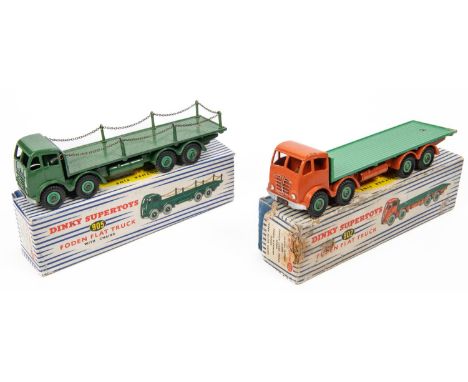 2 Dinky Supertoys Fodens. Foden Flat Truck (902). Orange cab and chassis with green flatbed and wheels. Plus a Foden Flat Tru