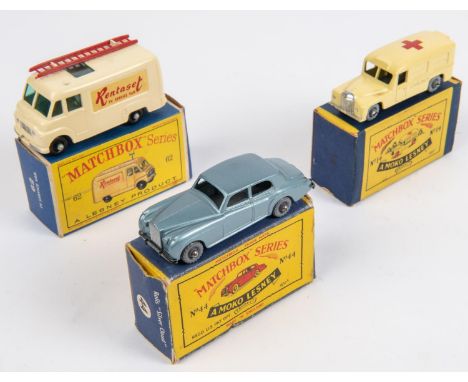 3 Matchbox Series. No14 Daimler Ambulance. In cream with red cross to roof, with metal wheels. No44 Rolls Royce Silver Cloud,