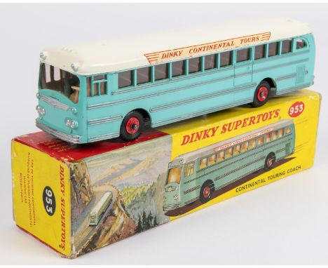 Dinky Supertoys Continental Touring Coach (953). In turquoise with a white roof, fawn interior with red plastic wheels. Boxed