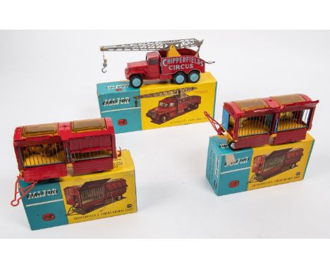 3 Corgi Chipperfields Major Toys. A Circus Crane Truck (1121), complete with line and hook, with instructions. Also 2x Circus