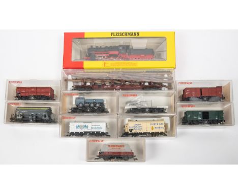 Fleischmann HO DR Class 56 2-8-10 tender locomotive, RN56 2048, in black and red livery. Together with 10 freight wagons incl