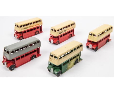 5 Dinky Toys Double Deck Buses. 3 AEC examples and 2 Leylands with Dunlop advertising. Green &amp; Red examples. GC-VGC, chip