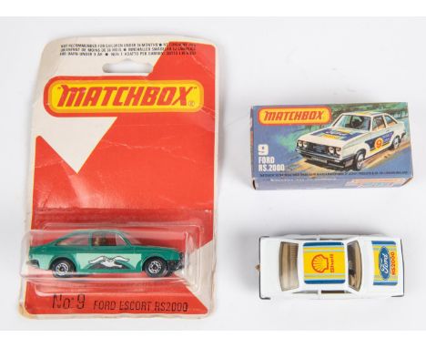 2 Matchbox Superfast. Both No.9 Ford RS2000, one in white with SHELL/FORD/DUNLOP labels to bodywork, with tan interior and bl