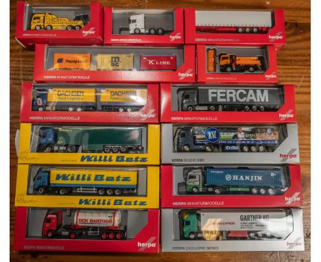 13 Herpa items. 11 various trucks- 4x Mercedes Benz Actros- Fercam, Dachser, KSC and Willi Betz. 3x MAN TG- a heavy recovery 