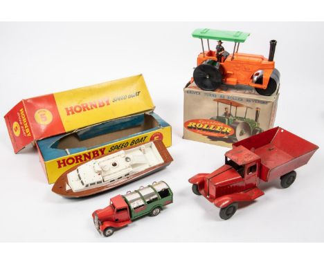 4 1950's British made items. A Lines Bros heavy duty tinplate tipping truck in red, with black rubber tyres. Plus a Tri-ang M