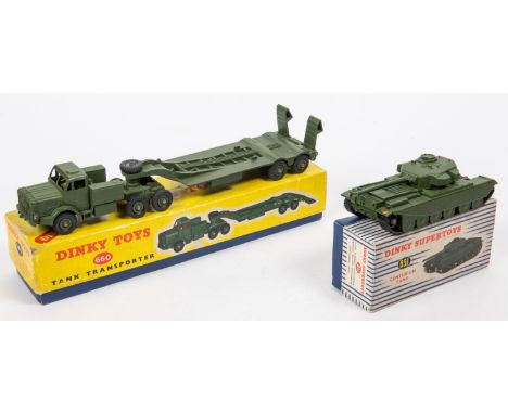 2 Dinky Military Supertoys. A Centurion Tank (651). Plus a Mighty Antar Tank Transporter (660). Both in olive green. Both box