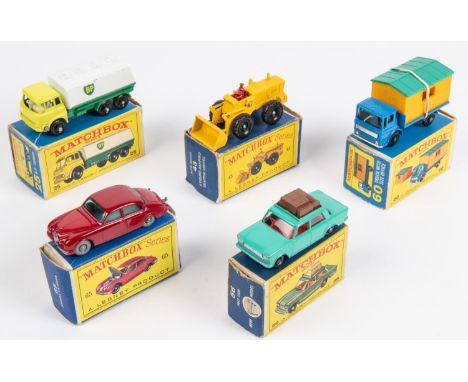 5 Matchbox Series. No.25 Bedford BP Tanker. No.43 Aveling Barford Tractor Shovel. No.56 Fiat 1500. No.60 Leyland Ergomatic Tr