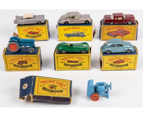 7 Matchbox Series. No.3 Cement Mixer in blue with orange wheels. No.25 Volkswagen in metallic blue, with GPW. No.27 Cadillac 