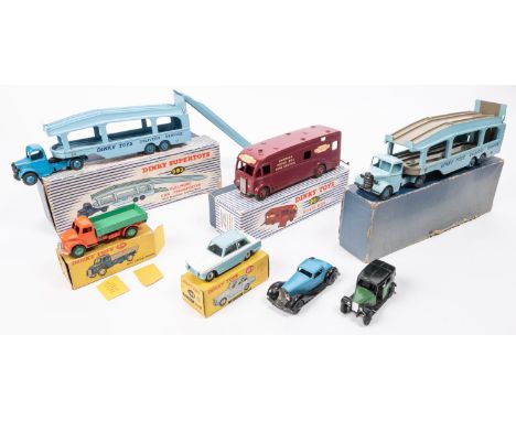 7 Dinky Toys. 2x Pullmore Car Transporter (982). Colour variations, one with a mid blue chassis cab and light blue trailer, w