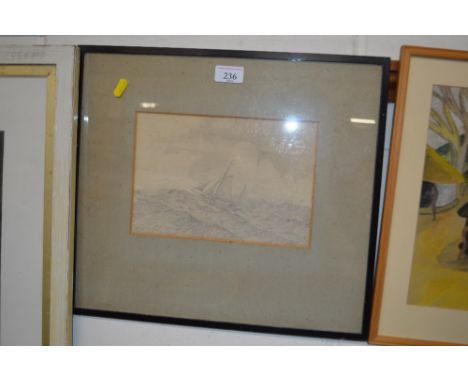 An unsigned pencil sketch depicting a boat in stormy seas