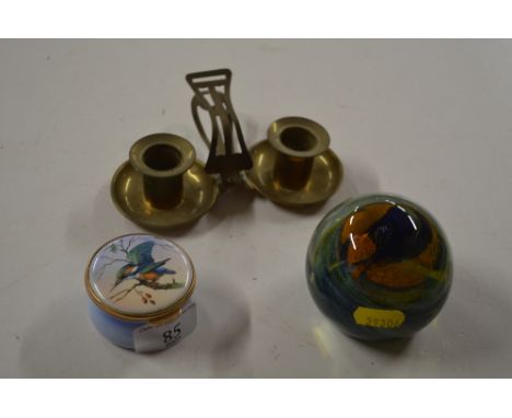 An Art Glass paperweight; a modern enamelled box decorated with a kingfisher; and an Arts &amp; Crafts style brass twin branc